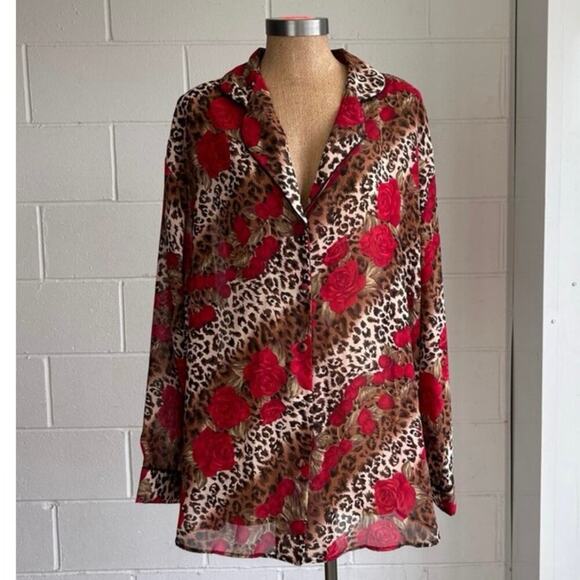 Y2k sheer cheetah print with roses button up blouse sz xxl - Picture 6 of 6